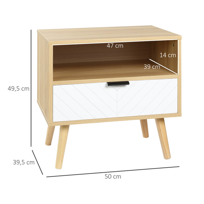 Mesa de Cabeceira de Estilo Moderno Mesa Auxiliar com 1 Gaveta e 1 Prateleira Aberta para Quarto Sala Escritório 50x39,5x49,5 cm Natural