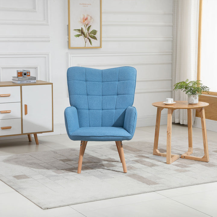 Poltrona de Sala de Estar Moderna Poltrona com Encosto Alto Apoio para os Braços Tecido de Linho e Pés de Madeira de Haya para Sala de Jantar Cozinha 71x68x101cm Azul