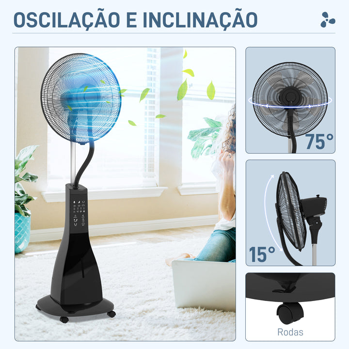 Ventoinha Nebulizadora Ventoinha de Pé com Nebulizador 90 W Temporizador Depósito 3L Controlo Remoto 3 Velocidades 5 Pás e Ecrã LED Preto