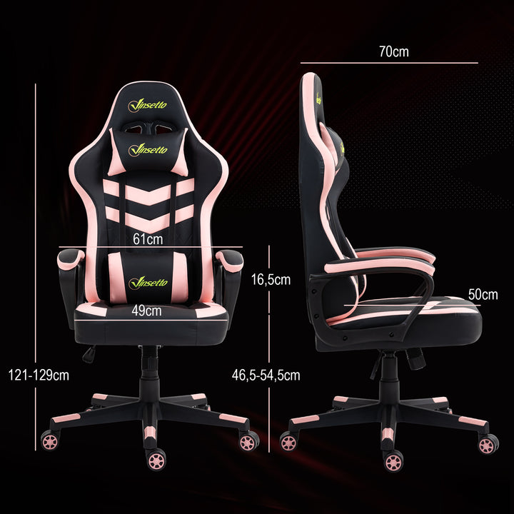 Cadeira Gaming Cadeira de Escritório Ergonómica com Altura Regulável Basculante com Apoio de Cabeça e Almofada Lombar 61x70x121-129 cm Rosa e Preto