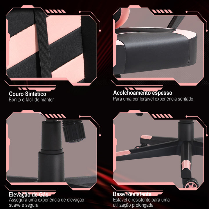 Cadeira Gaming Cadeira de Escritório Ergonómica com Altura Regulável Basculante com Apoio de Cabeça e Almofada Lombar 61x70x121-129 cm Rosa e Preto
