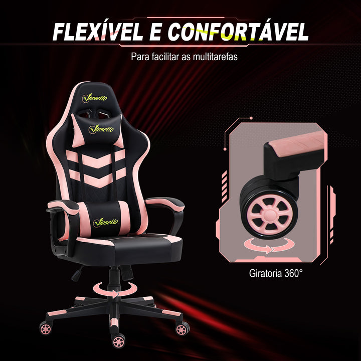 Cadeira Gaming Cadeira de Escritório Ergonómica com Altura Regulável Basculante com Apoio de Cabeça e Almofada Lombar 61x70x121-129 cm Rosa e Preto