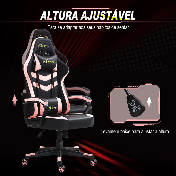 Cadeira Gaming Cadeira de Escritório Ergonómica com Altura Regulável Basculante com Apoio de Cabeça e Almofada Lombar 61x70x121-129 cm Rosa e Preto