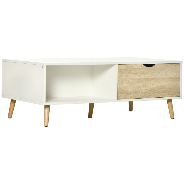 Mesa de Centro Retangular Mesa de Sala de Estar com 2 Gavetas e Compartimentos Abertos Estilo Nórdico para Escritório Dormitório Estúdio 106x58x39,5cm Branco e Madeira