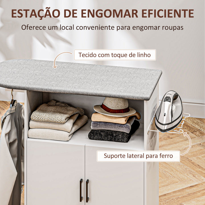 Móvel de Engomar a Ferro com Rodas Móvel de Passar a Ferro com Barra para Pendurar Roupa Estante Aberto e Tábua de Passar 125x43,5x102,5 cm Branco
