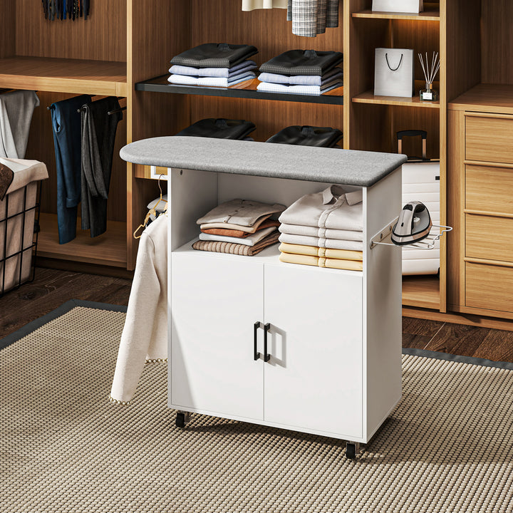 Móvel de Engomar a Ferro com Rodas Móvel de Passar a Ferro com Barra para Pendurar Roupa Estante Aberto e Tábua de Passar 125x43,5x102,5 cm Branco