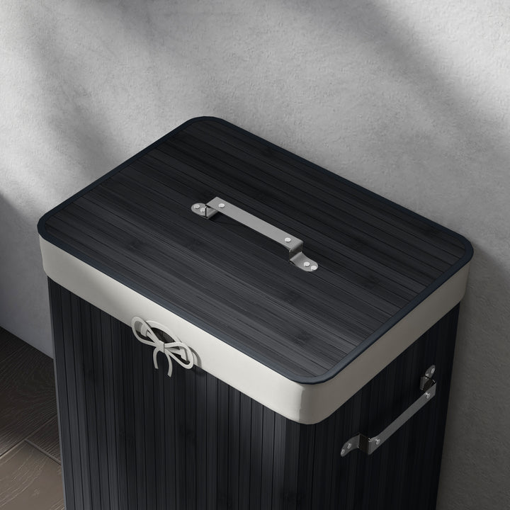 Cesto de Roupa de Bambu Dobrável Cesto para Roupa Suja com Tampa e Bolsa Amovível para Lavandaria Casa de Banho 40x30x60 cm Preto
