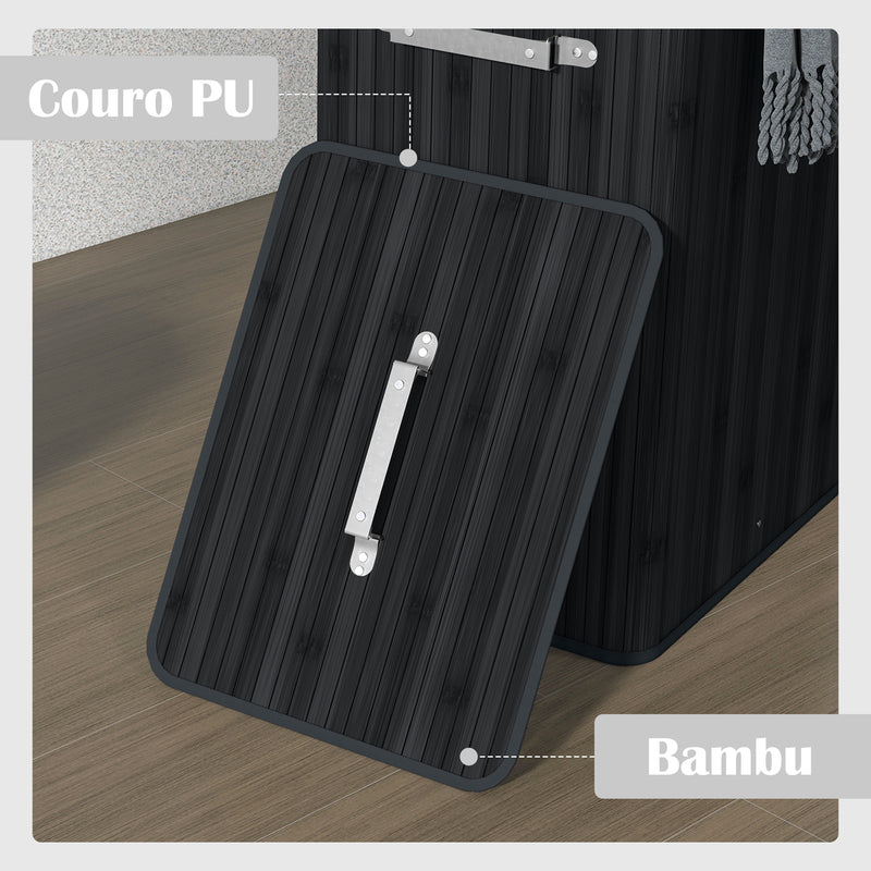 Cesto de Roupa de Bambu Dobrável Cesto para Roupa Suja com Tampa e Bolsa Amovível para Lavandaria Casa de Banho 40x30x60 cm Preto