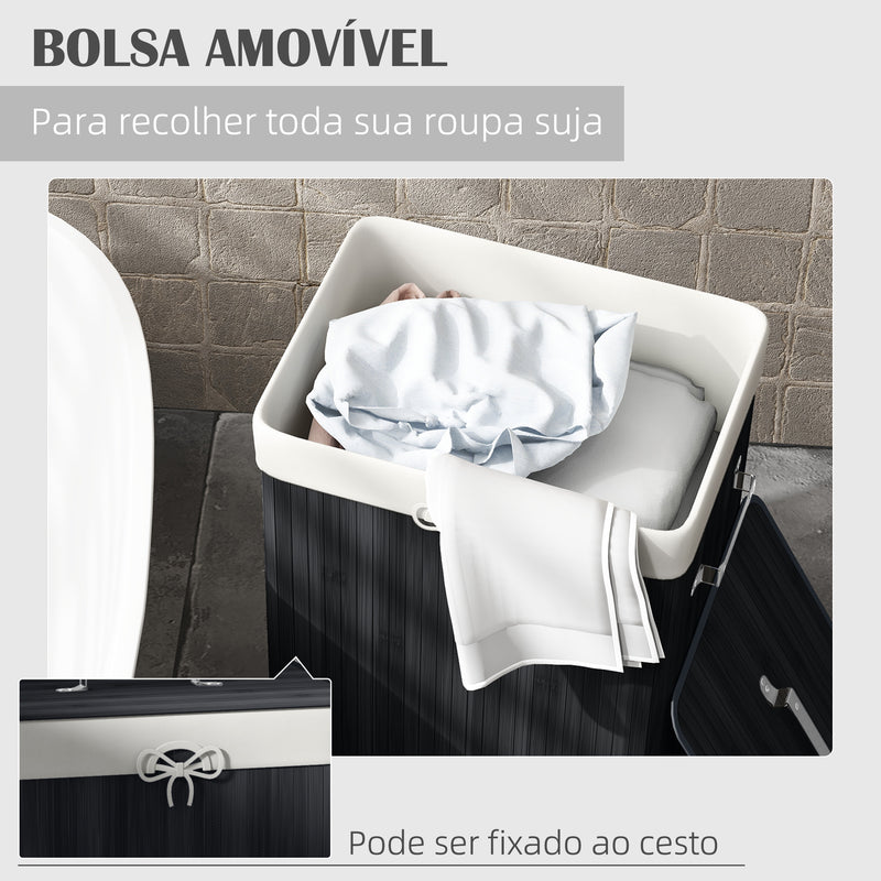 Cesto de Roupa de Bambu Dobrável Cesto para Roupa Suja com Tampa e Bolsa Amovível para Lavandaria Casa de Banho 40x30x60 cm Preto