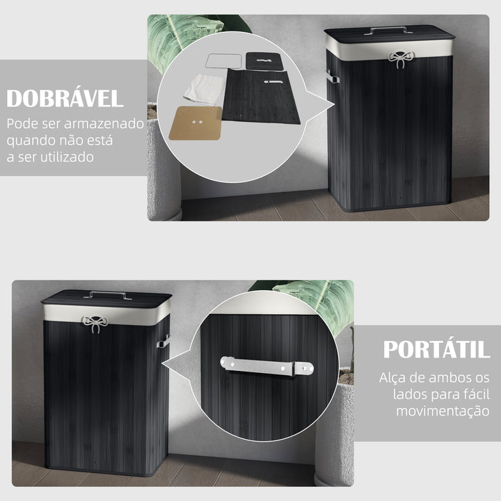Cesto de Roupa de Bambu Dobrável Cesto para Roupa Suja com Tampa e Bolsa Amovível para Lavandaria Casa de Banho 40x30x60 cm Preto