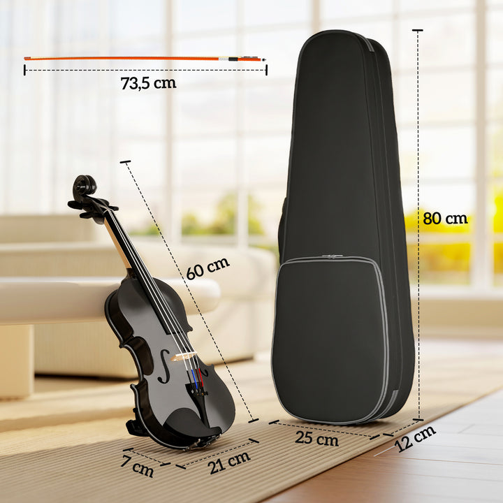 Violino 4/4 de Tamanho Completo em Madeira Conjunto para Iniciantes Adultos e Crianças com Estojo Arco Breu Afinadores Cordas e Suporte para Ombro 60x21x7 cm Preto