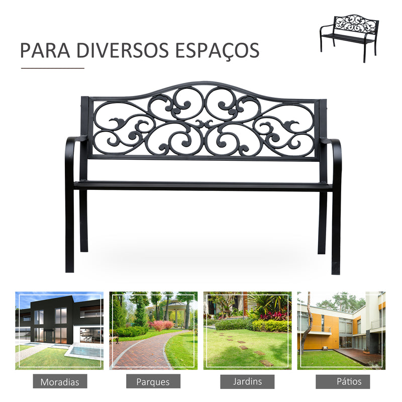 Banco de Jardim de Aço Banco de Exterior com Encosto e Apoio para os Braços Carga Máxima 240 kg para Pátio Varanda 127x60x89 cm Preto