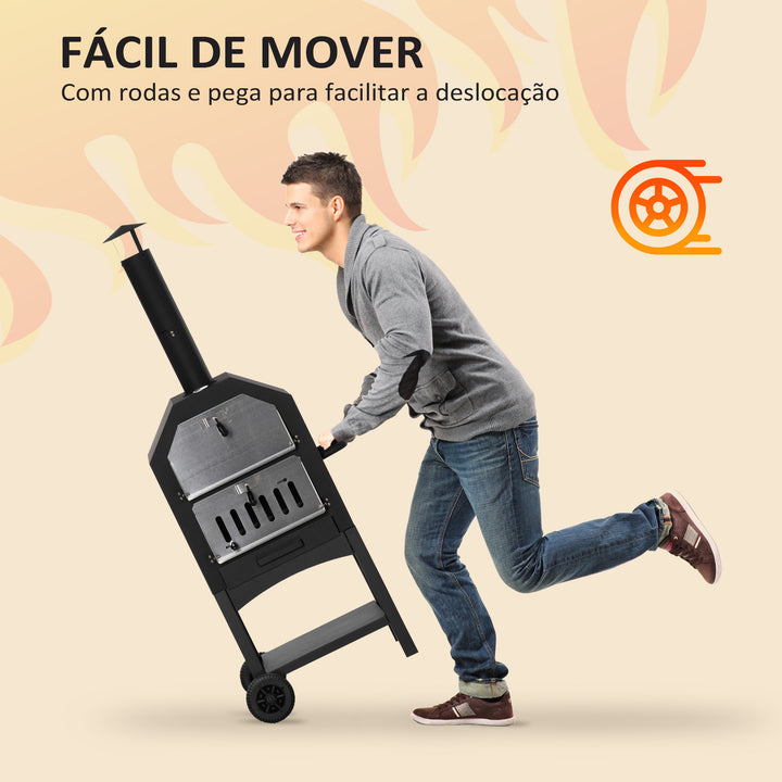 Forno de Pizza Exterior com 2 Camadas Forno a Lenha com Rodas Gaveta Removível Prateleira de Armazenamento para Terraço Campismo Jardim 64x54x160 cm Preto