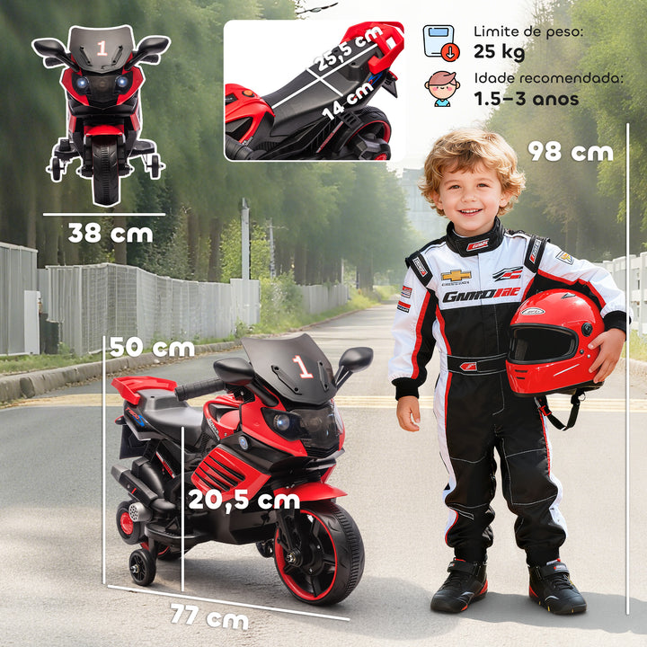 Mota Elétrica para Crianças 6V com Rodas de Apoio Música e Farol para Crianças de 18-36 Meses 77x38x50 cm Vermelho