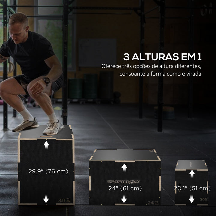 Caixa Pliométrica com 3 Alturas Diferentes Caixa de Saltos para Treino de Força em Casa Escritório Ginásio CrossFit Carga 120 kg 76x61x51 cm Preto