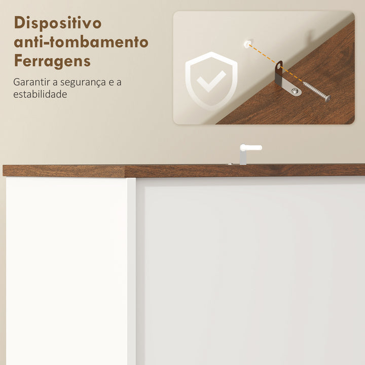 Amário de Cozinha Alto Móvel Auxiliar de Cozinha Suporte para 8 Garrafas 4 Portas 3 Gavetas Prateleiras Abertas Bancada Ampla 4 Ganchos Orifício para Cabos 100x38x172 cm Branco