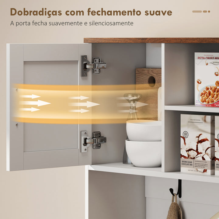 Amário de Cozinha Alto Móvel Auxiliar de Cozinha Suporte para 8 Garrafas 4 Portas 3 Gavetas Prateleiras Abertas Bancada Ampla 4 Ganchos Orifício para Cabos 100x38x172 cm Branco