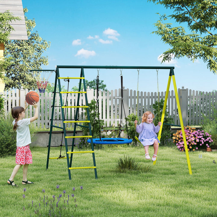 Baloiço Infantil 4 em 1 com Baloiço Ninho e Individual Rede de Escalada Cesto de Basquetebol Escada Carga 160 kg para Exterior Parque Infantil para Crianças de 3 a 8 Anos Amarelo