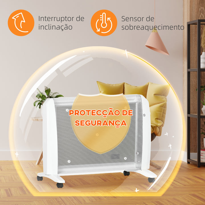 Aquecedor Elétrico 1000W/2000W Aquecedor de Mica com 2 Níveis de Potência Termostato Regulável e 4 Rodas para Ambientes de 15-20 m² Silencioso 79x27x54 cm Branco