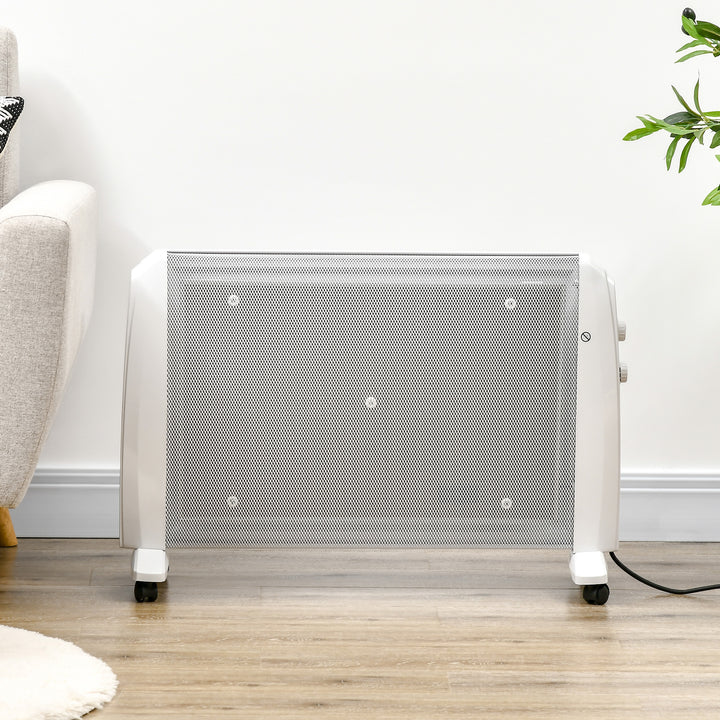 Aquecedor Elétrico 1000W/2000W Aquecedor de Mica com 2 Níveis de Potência Termostato Regulável e 4 Rodas para Ambientes de 15-20 m² Silencioso 79x27x54 cm Branco