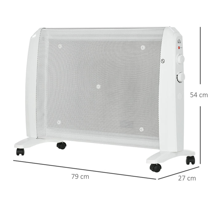 Aquecedor Elétrico 1000W/2000W Aquecedor de Mica com 2 Níveis de Potência Termostato Regulável e 4 Rodas para Ambientes de 15-20 m² Silencioso 79x27x54 cm Branco