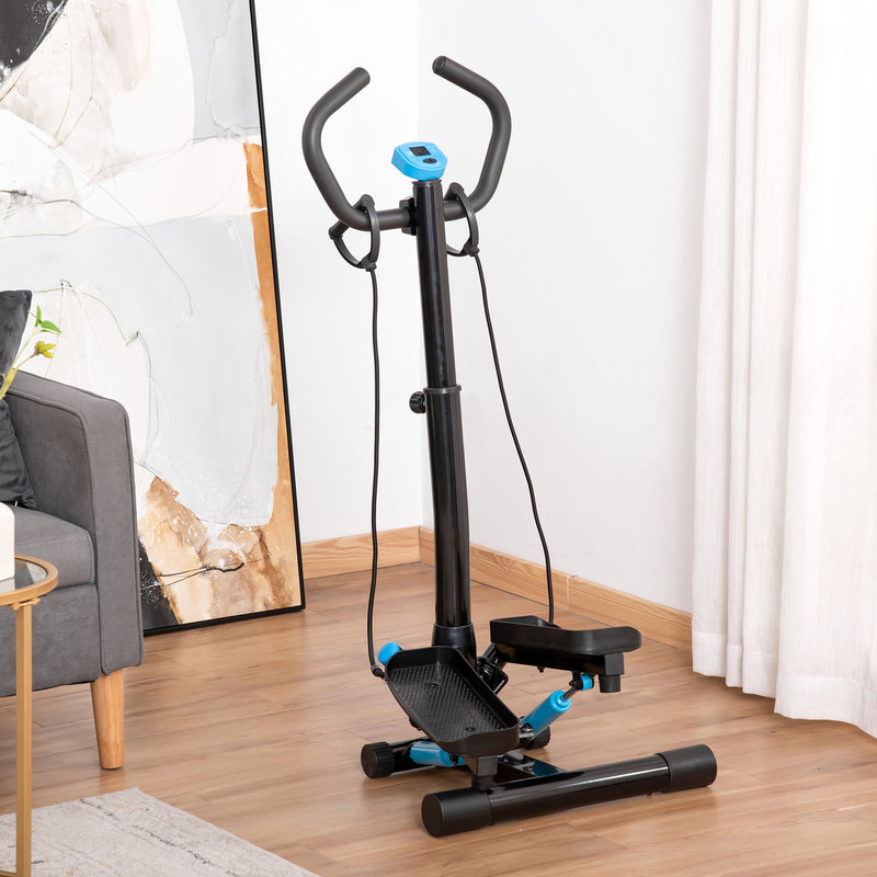 Máquina de Step Fitness com Guiador Ajustável em Altura Tela LCD Bandas Elásticas Pedais Antiderrapantes Equipamento de Exercício para Academia em Casa 55x53x118-128cm Preto