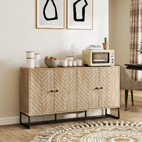 Aparador de 4 Portas com Design Chevron Aparador de Sala com Prateleiras Ajustáveis Pés de Aço para Cozinha Entrada Quarto 140,5x40x81,5 cm Carvalho