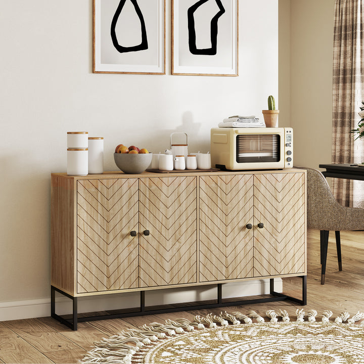Aparador de 4 Portas com Design Chevron Aparador de Sala com Prateleiras Ajustáveis Pés de Aço para Cozinha Entrada Quarto 140,5x40x81,5 cm Carvalho