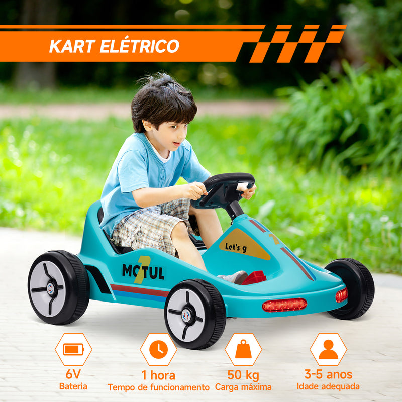 Kart para Crianças acima de 3 Anos Kart Elétrico 6V com Música Luz Buzina Cinto de Segurança Carga 50 kg 85x70x45 cm Azul