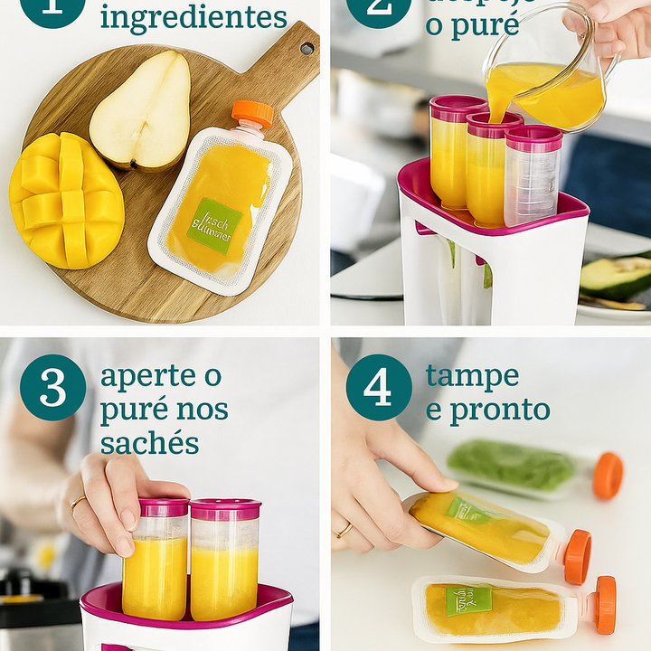 Dispenser Manual de Purê de Frutas – Kit de Armazenamento para Comida de Bebé | 10 Sacos Esterilizados Reutilizáveis Artesanal e Armazenador Gourmet para bebês e crianças +HOJE OFERTA EXTRA +10Saquetas total 20 saquetas