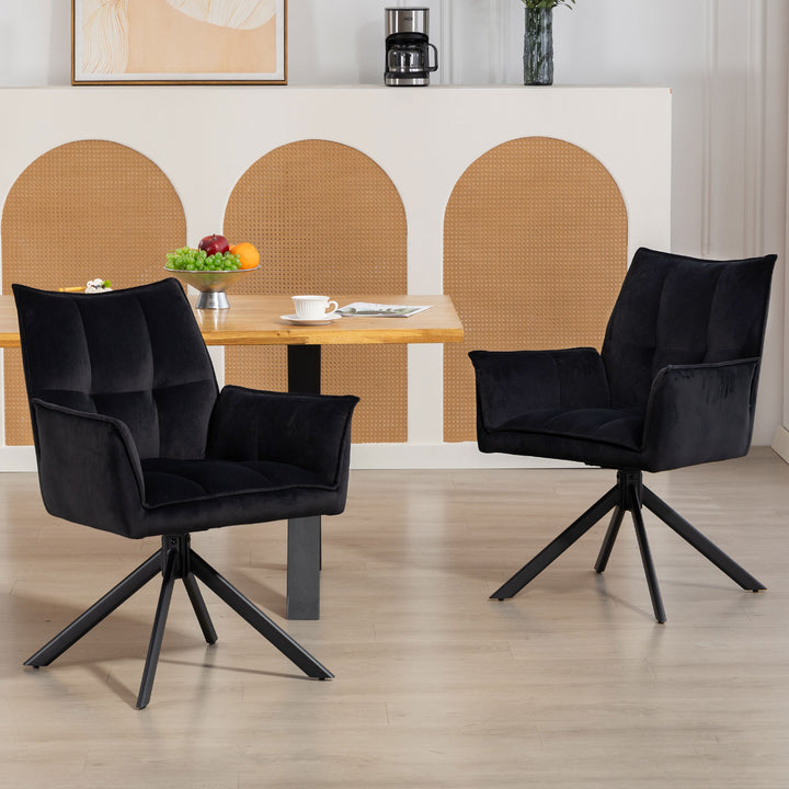 Conjunto de 2 Cadeiras de Refeição Giratórias 360° Cadeiras de Cozinha com Apoio de Braços Encosto Estofado Estofamento em Veludo Pés em Aço para Escritório Conferência Sala de Estar 63x64x85 cm Preto