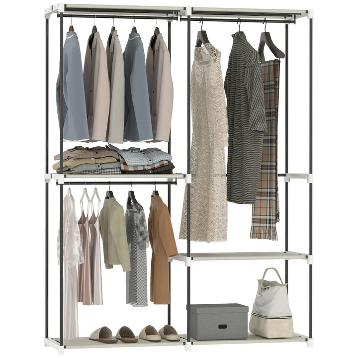 Armário de Roupa Aberto 142x43x185 cm Armário para Roupas com 4 Prateleiras de Tecido 3 Barras para Pendurar e Estrutura de Metal para Quarto Sala Closet Creme