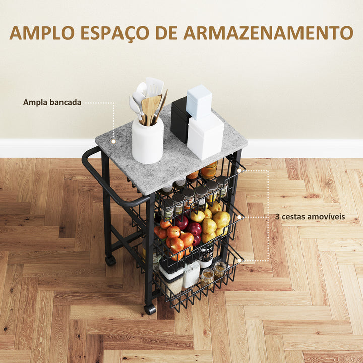 Fruteira para Cozinha Carrinho de Cozinha com 3 Cestas e Estrutura de Aço Carrinho Auxiliar com Rodas para Sala de Jantar 49,5x31x69 cm Cinza Claro
