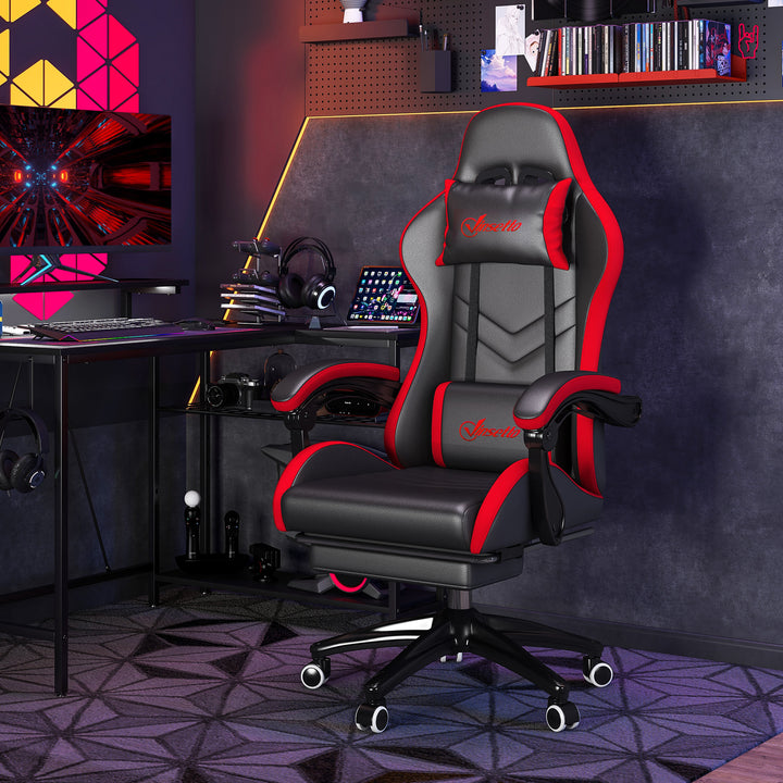 Cadeira Gaming Ergonómica Reclinável 135° Cadeira Gamer Racing de Couro PU com Suporte Lombar Altura Ajustável Apoio para a Cabeça e Apoio para os Pés Retrátil 65x65x129 cm Preto e Vermelho