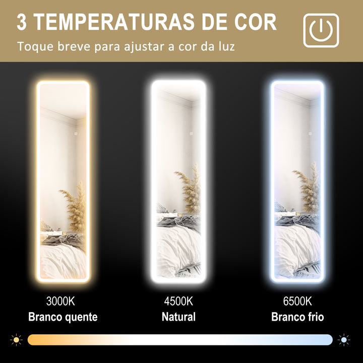 Espelho de Pé com Luz LED 40x150 cm Espelho de Corpo Inteiro sem Moldura com Iluminação de 3 Cores Função de Memória e Controlo Tátil Inteligente para Sala de Estar Dormitório Preto