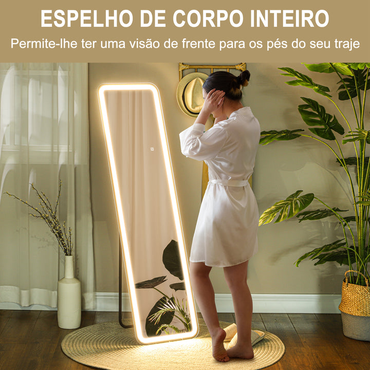 Espelho de Pé com Luz LED 40x150 cm Espelho de Corpo Inteiro sem Moldura com Iluminação de 3 Cores Função de Memória e Controlo Tátil Inteligente para Sala de Estar Dormitório Preto