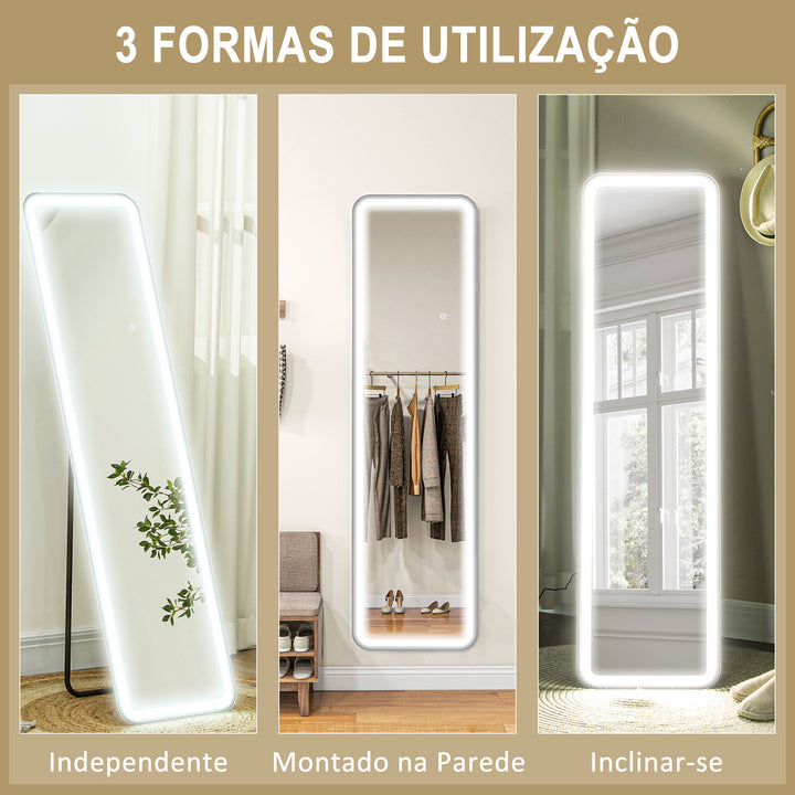 Espelho de Pé com Luz LED 40x150 cm Espelho de Corpo Inteiro sem Moldura com Iluminação de 3 Cores Função de Memória e Controlo Tátil Inteligente para Sala de Estar Dormitório Preto
