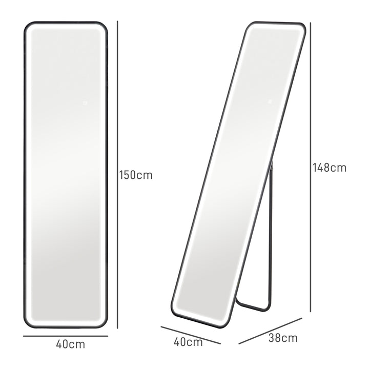 Espelho de Pé com Luz LED 40x150 cm Espelho de Corpo Inteiro sem Moldura com Iluminação de 3 Cores Função de Memória e Controlo Tátil Inteligente para Sala de Estar Dormitório Preto