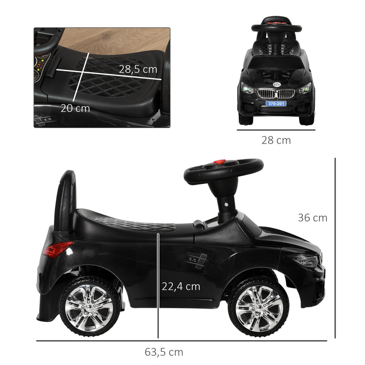 Carro Andador para Crianças de 18-36 Meses com Faróis Música Buzina Volante Compartimento de Armazenamento e Alça para Empurrar 63,5x28x36 cm Preto