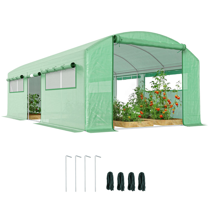 Estufa de Exterior 6x3x2 m, Estufa Tipo Túnel com 3 Portas Enroláveis, Janelas com Rede, Cobertura PE 140g/m² Anti-UV e Estrutura de Aço Galvanizado, para Cultivo de Plantas, Verde