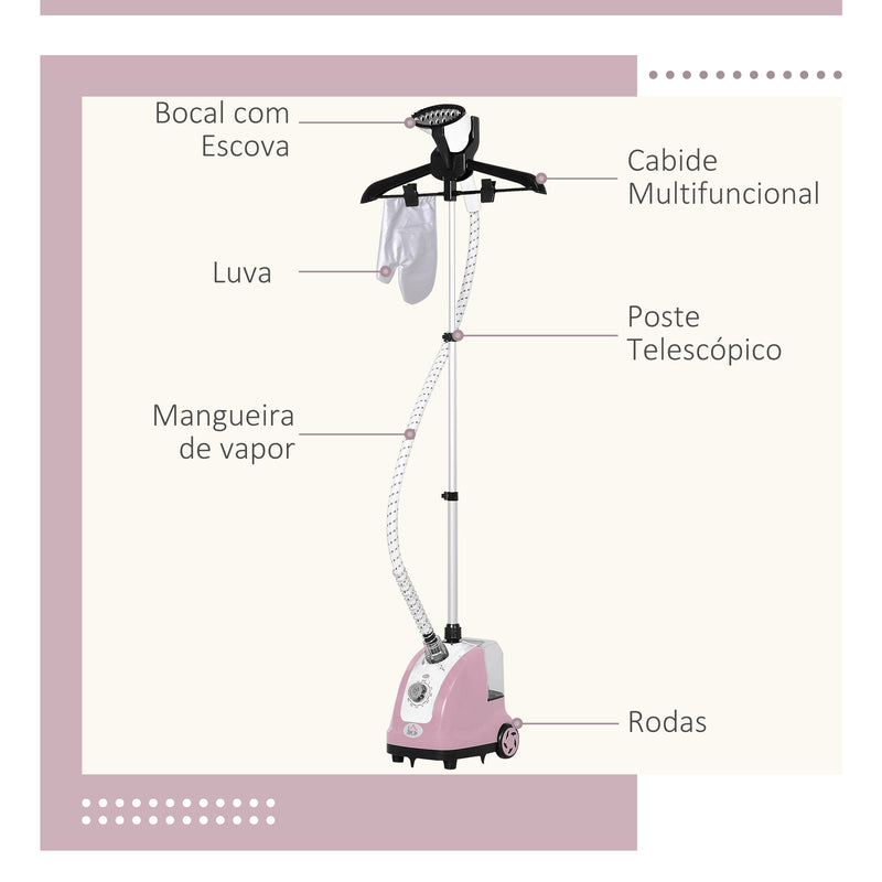 Ferro de Engomar a Vapor com Depósito de 1,4 L e Temperatura Ajustável em 11 Níveis Ferro de Engomar a Vapor Vertical 26x21,5x146 cm Rosa