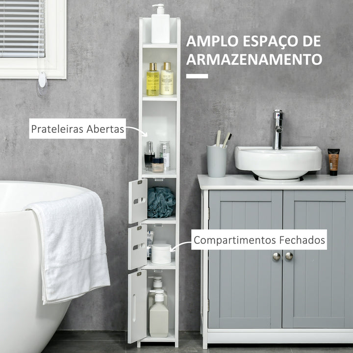 Coluna Casa de Banho com 3 Portas e 3 Prateleiras Abertas Coluna Auxiliar para Sala de Estar Casa de Banho Dormitório Estilo Moderno 15x17x120cm Branco