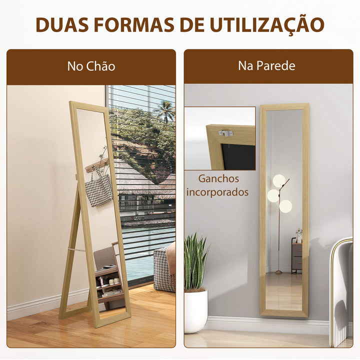 Espelho de Pé de Corpo Inteiro 157x37 cm Espelho de Corpo Inteiro com Suporte 3 Formas de Uso Independente Montagem na Parede e Apoiado para Sala de Estar Entrada, Quarto Carvalho