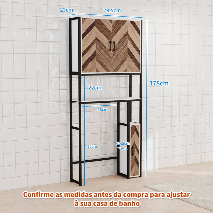 Móvel sobre Sanita Armário para Casa de Banho sobre Sanita com 3 Portas 2 Prateleiras Ajustáveis e Compartimento Aberto Móvel Casa de Banho 79,5x23x178 cm Multicor