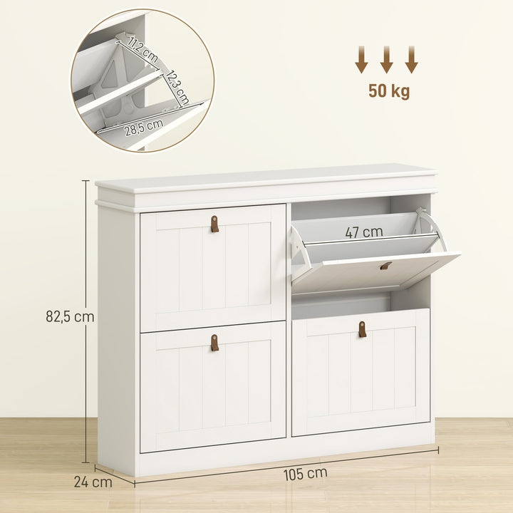 Móvel Sapateira Branco Sapateira Estreita com 4 Portas e Prateleira Ajustável para 20 Pares de Sapatos Anti Tombo para Entrada Corredor 150x24x82,5 cm Branco