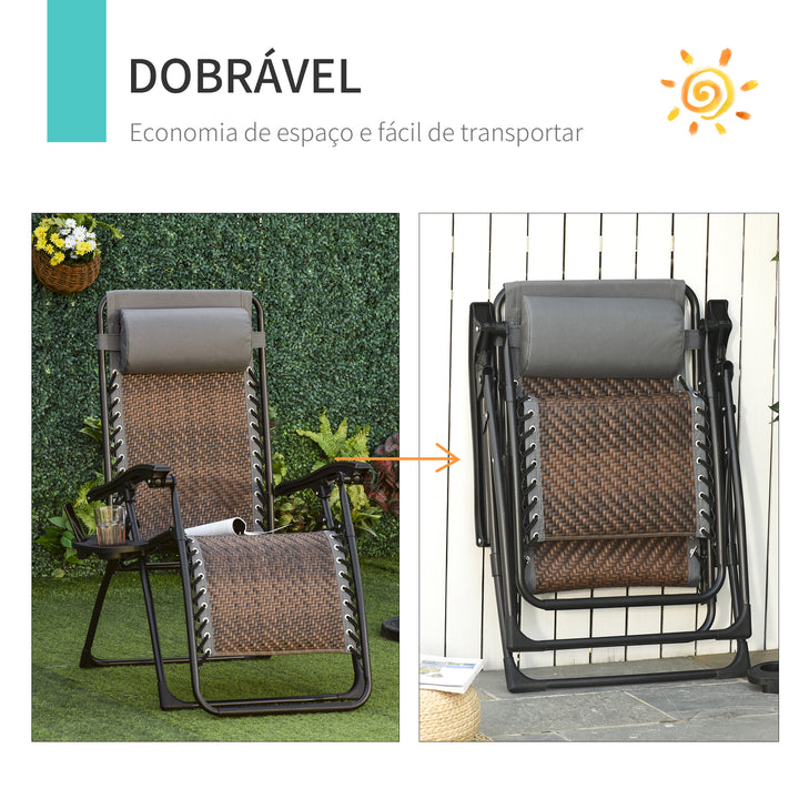 Espreguiçadeira dobrável de vime com encosto ajustável Apoio de cabeça removível Suporte para copos e telefone para Jardim Terraço 65x70x110 cm marrom