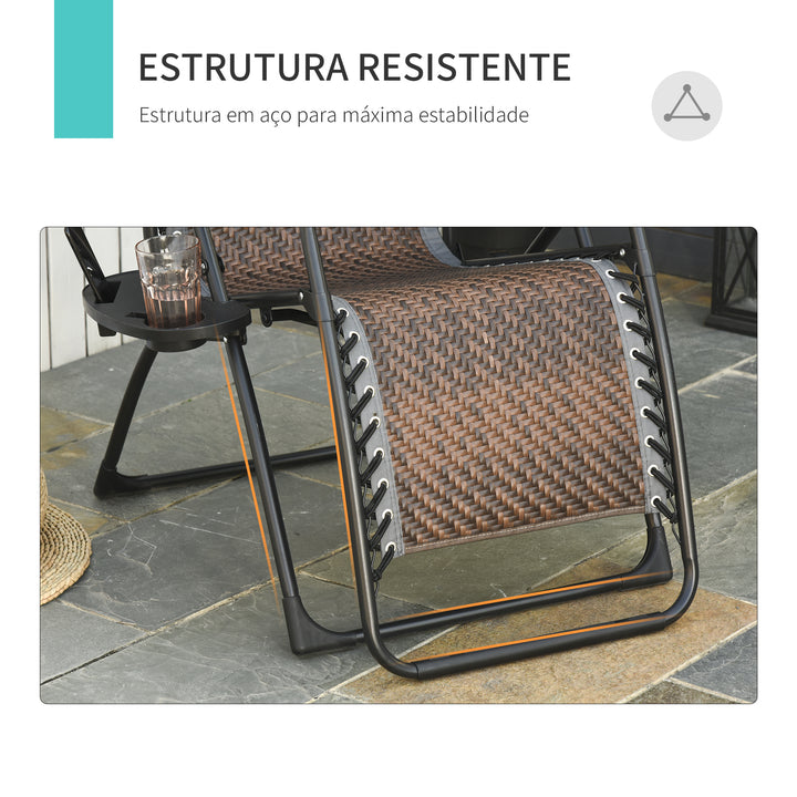 Espreguiçadeira dobrável de vime com encosto ajustável Apoio de cabeça removível Suporte para copos e telefone para Jardim Terraço 65x70x110 cm marrom