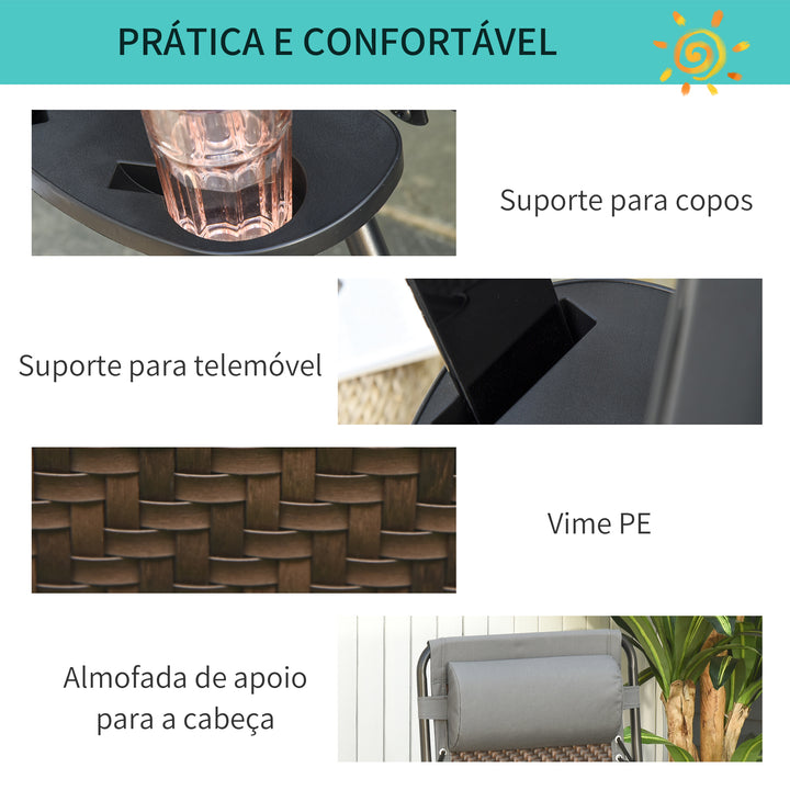 Espreguiçadeira dobrável de vime com encosto ajustável Apoio de cabeça removível Suporte para copos e telefone para Jardim Terraço 65x70x110 cm marrom