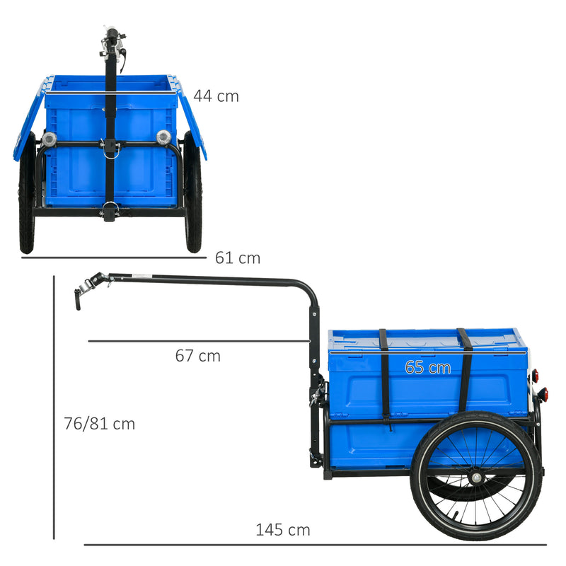 Reboque de Carga para Bicicleta Carrinho para Bicicleta com Caixa de Armazenamento Dobrável Alça Ajustável e Refletores Seguros Carga 40 kg 145x61x76/81 cm Azul