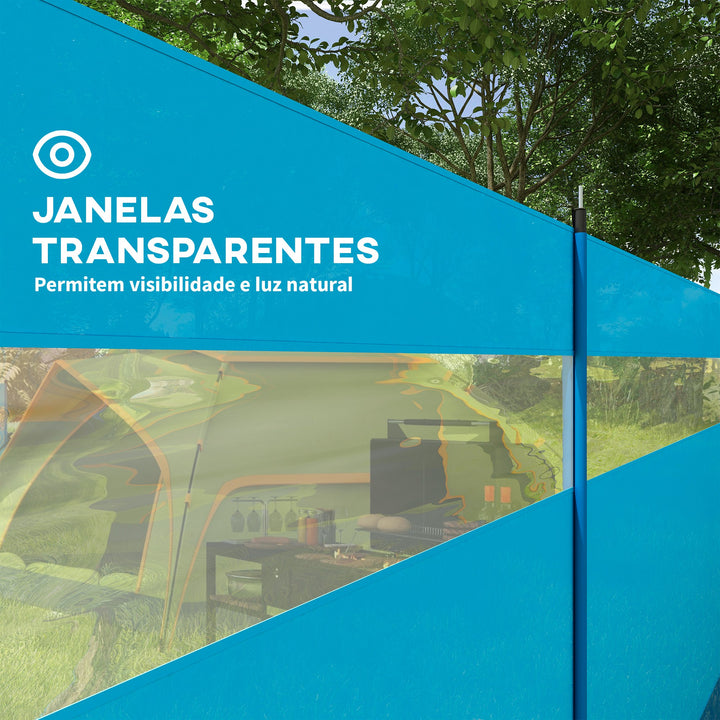 Corta Vento para Campismo de 4 Painéis 725x140 cm Para Vento para Praia com Painel Superior Transparente Postes de Aço Estacas e Bolsa de Transporte Impermeável para Jardim e Praia Azul